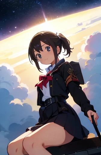  flying over a spire、A girl who is straddling a magic broom and 、 wearing a military uniform 