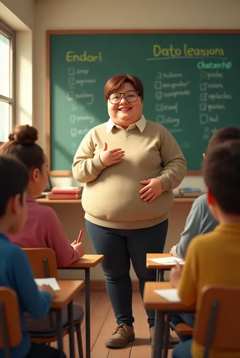 Make a chubby teacher teaching students 