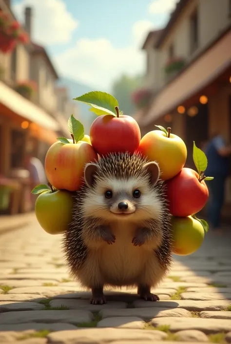 a photo of a hedgehog with apples on his back brings to the market