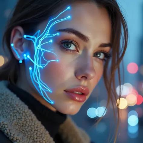 a beautiful russian girl on the right side of the picture, cleavage, dark cyberpunk city background, half of her face shows blue glowing wires like a terminator