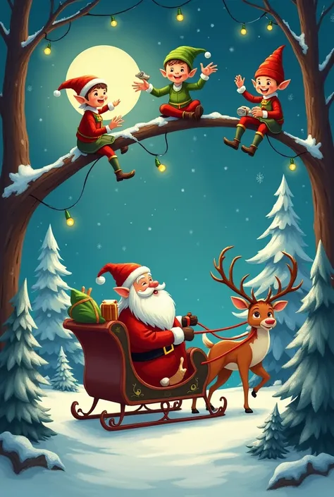 Letter with Santa Claus elves at the top and Santa Claus sleigh at the bottom leave the middle free 

