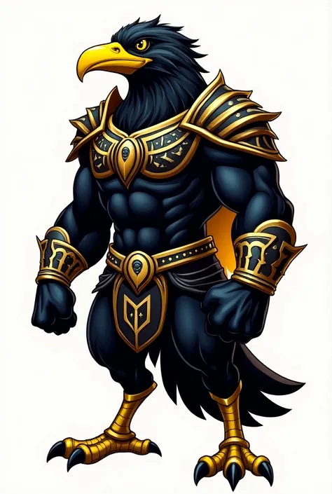  Create for me a mascot for my team, based on a black bird  , strong and muscular, ,  with a black color and yellowish contrasts ,  yellow tail wearing warrior armor in the color gold and black,  high resolution image, without a background.