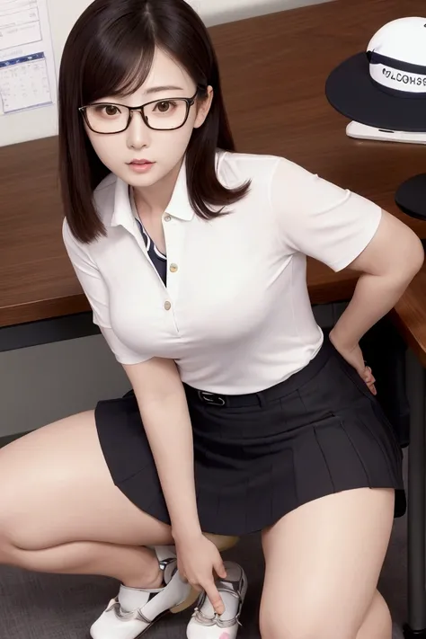  golf wear,  Real People , Detailed body, Sit-in, live-action, Glasses, Beautiful Japanese woman wearing mini skirt flipping ,  office lady 、Crouching with legs apart