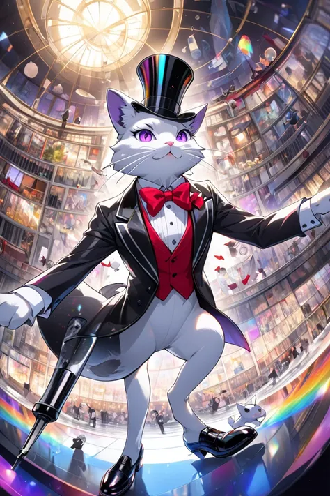 High quality, 4k quality, RAW, fisheye lens, birds-eye view, drawing a cat character with the following conditions: looking into the lens from the left eye, purple eyes, silver fur, top hat, tuxedo, patent leather shoes, red bow tie, black cane, top hat, t...