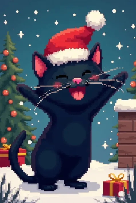 black cat, wearing a santa hat, pixart style , rejoices, white muzzle, pink nose, lettering lehanskiy