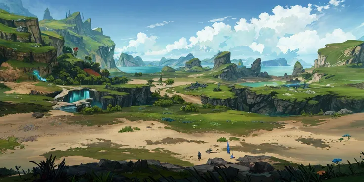 A landscape painting， There is a path leading to the beach,  final fantasy VLL world concept ,  village background in the distance , dota matte painting  conceptual art , anime scenery  conceptual art , environment  conceptual art ,  conceptual art . Magni...