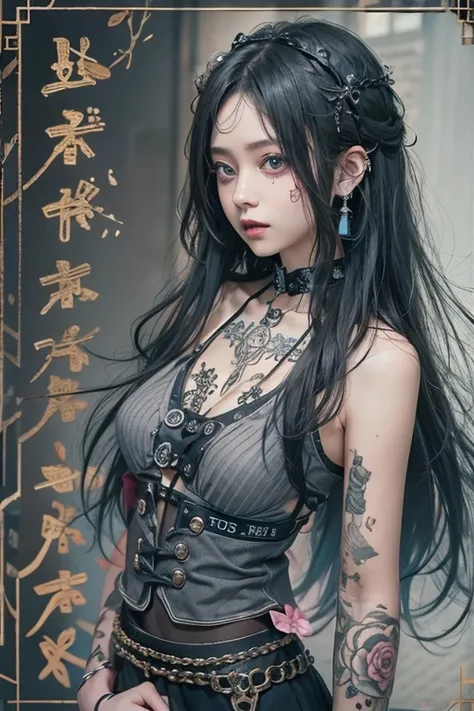 Best Quality、、masterpiece：1.3、Gothic Punk、Gray Black Hair、  hair accessory 、  beautiful girl with high breasts 、  Creative  、Punk Shirt、Neogoth、 goth fashion ：1.2、  Hi-Res 、masterpiece、Best Quality、頭w:1.3、((  Hasselblad working in the city  ))、 fine skin、 ...