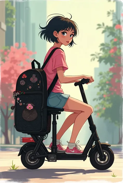 Side view of a cute girl with short hair riding a black fishnet backpack and mini scooter