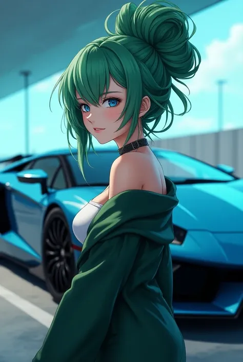 realistic anime shot, beautiful sexy dressed with green long hair ( beautiful hairstyle) young stunning woman with blue eyes posing in front of a cool sports supercar, blue and green colors dominate, anime style, key visuals, vivid, studio anime, highly de...