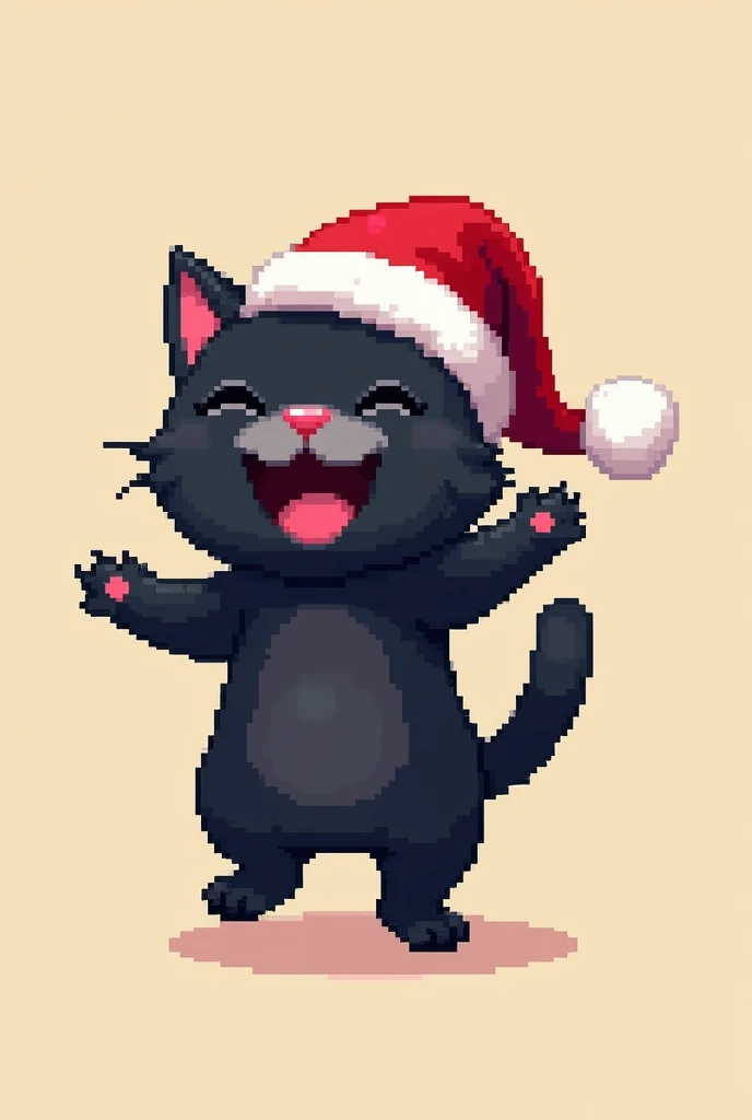 black cat, wearing a santa hat,  Pixel Style , rejoices, white muzzle, pink nose