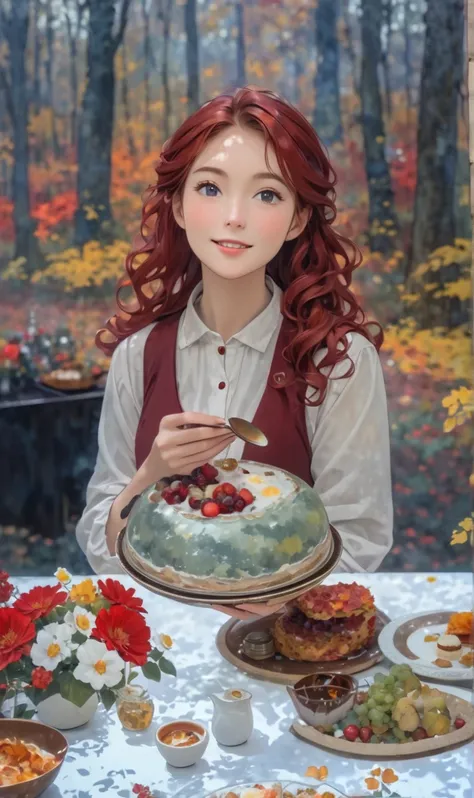 Autumn forest in the background,  in the foreground is a table with food and a dish with a lid ,  sits a girl with red hair in a white shirt and a burgundy vest,  the girl has red curly hair , looking at a dish ,  a table filled with food and flowers ,  cl...