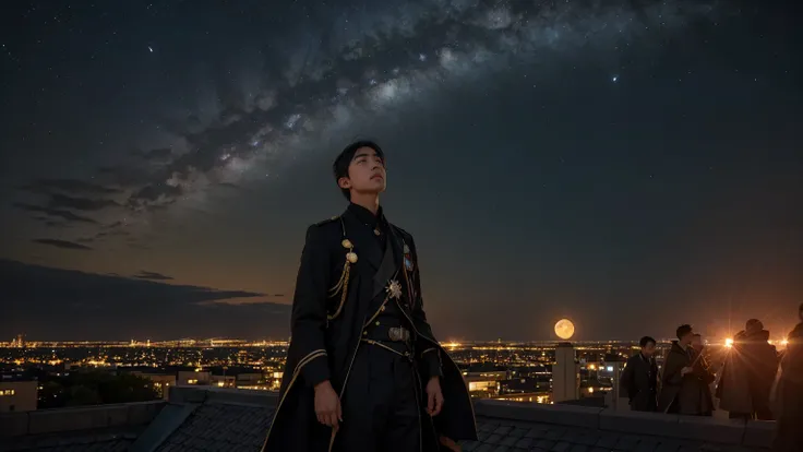 LOVEHIROHITO stands on the rooftop, looking up at the sky with a serious expression. His friends are gathered around him, all with a excited atmosphere. The scene is set at the rooftop of a high school building, late at night. Stars are twinkling above, an...