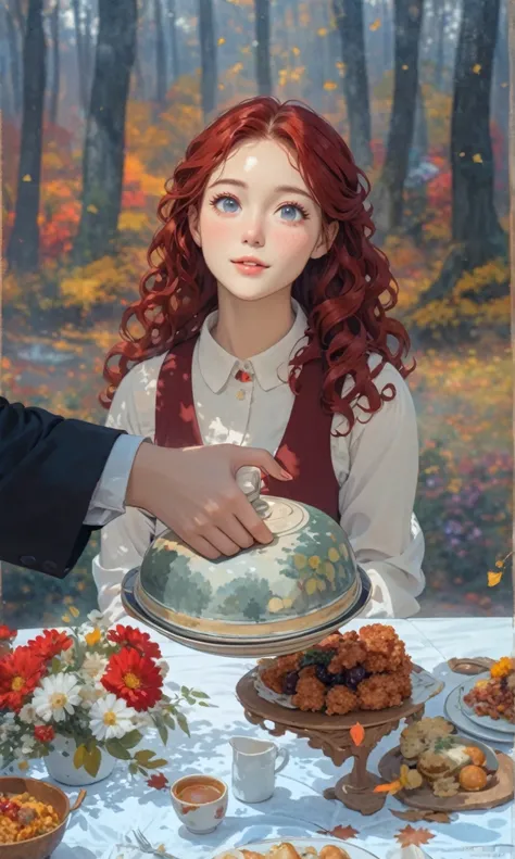 Autumn forest in the background,  in the foreground is a table with food and a dish with a lid ,  sits a girl with red hair in a white shirt and a burgundy vest,  the girl has red curly hair , looking at a dish ,  a table filled with food and flowers ,  cl...