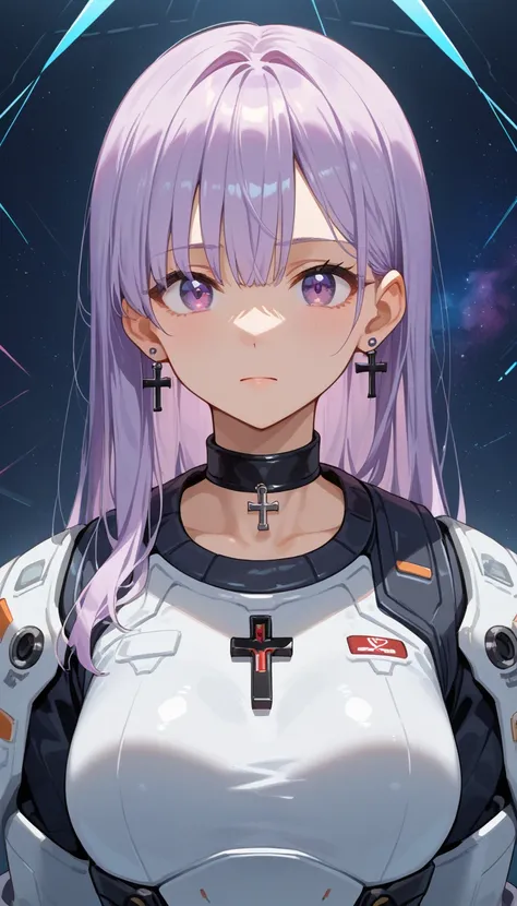 extreme close up, side omni light, light balance, front view, portrait of an Anime girl with wavy long lavender hair and lavender eyes 
dressed in a futuristic space suit, black color. She has soft brown eyes, a black choker with a tiny cross pendant, and ...