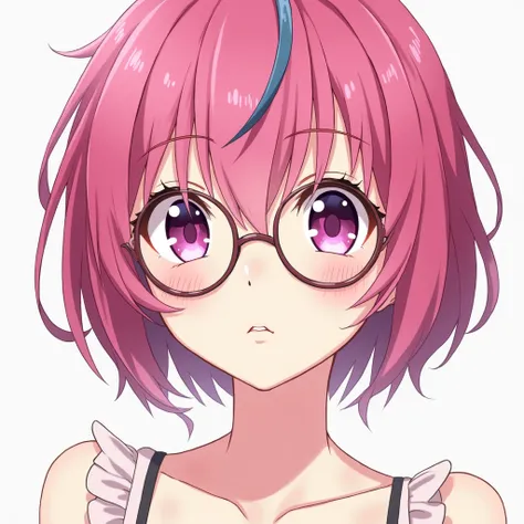 1girl, Short Hair, Anatomically Correct, HD, Ahoge, Hair Between Eyes, Blush,magenta eyes, Light Blush, Anime Style, Breasts,round glasses,Pantone Hair color with Very dark desaturated blue Line