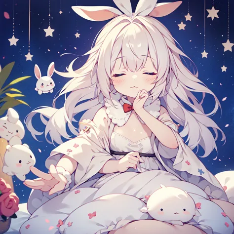 one girl , small stuffed rabbit,  costume, albino,  close your eyes, :3, sleeping peace, marshmallow bed