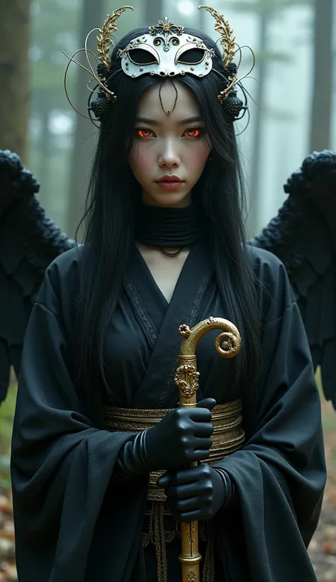  inspired by Japanese mythology and cyberpunk aesthetics 、A beautiful woman with dark, mysterious glowing eyes 。Close-up、Perfect composition、 and is wearing a black robe 、 Intricate mechanical elements such as gears and wires are incorporated into the outf...