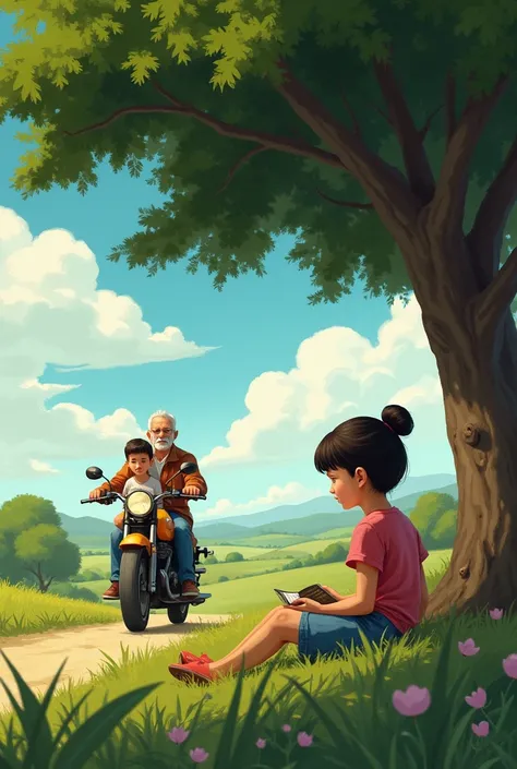 A  is sitting under a tree and her brother comes there with grandfather on a motorcycle