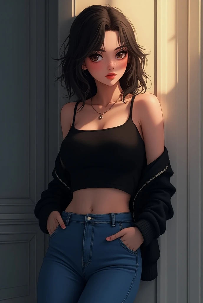 Crooked woman in black blouse and jeans leaning against the wall, pose casual,  realistic 3d anime , beautiful and seductive anime teen, realistic anime style 3 d , Jeans azul. irreal 5,  photorealistic anime rendering,  she is wearing a black tank top , w...