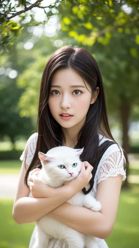 Create a highly detailed and realistic image of a beautiful young girl with soft, natural-looking features, dressed in a casual yet cute outfit. She is gently holding an adorable White cat with big, expressive eyes and a cute, small nose. The black cat has...