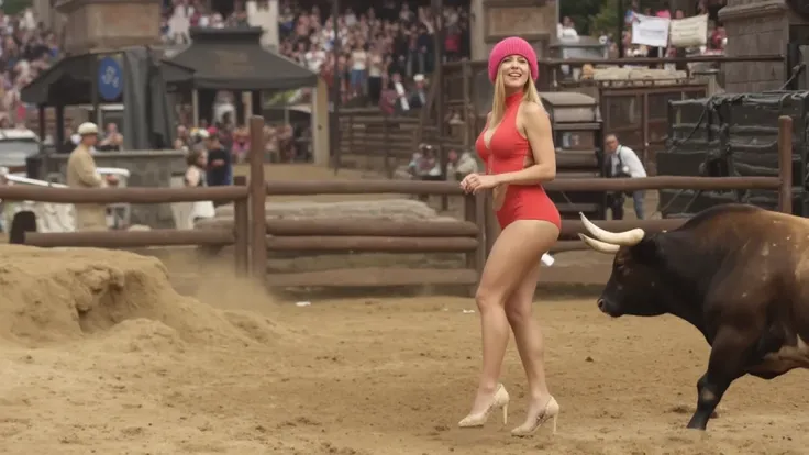 similar image, sexy blonde white girl in red swimsuit being chased by a bull in arena, large audience