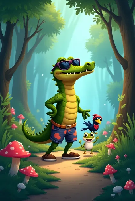 a crocodile with sunglasses and shorts and a crow and a white frog in a magical forest looking for a wizard raccoon cartoon style