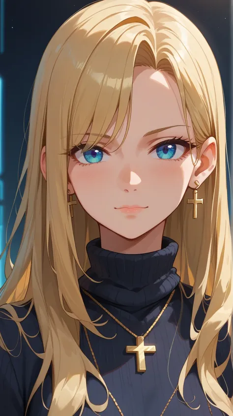 A long vview shot of An elegant anime girl with long, flowing golden blonde hair, add light on face, with deep blue eyes. She’s wearing a fitted black sweater with a white collared shirt underneath and has a small black ribbon around her neck. cross earrin...