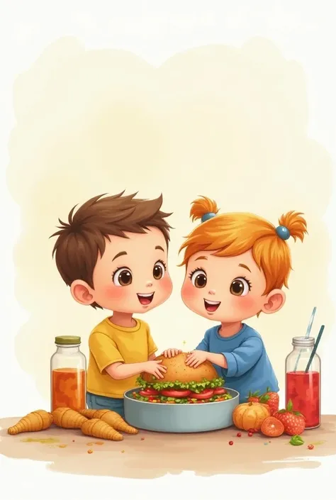 high quality, 2d watercolor babish look   character  , our Super Snack Selector! Your choice of healthy and delicious snacks inspires everyone to eat better and feel great. i need a  soo cute illustrated   character   1 boy and 1  girl  holding a healthy, ...