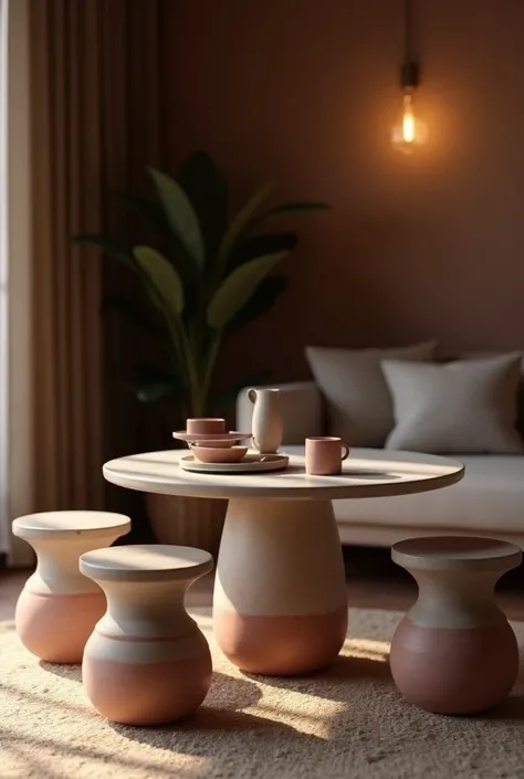 Une tables et ses tabouret en céramique, en grès, avec des couleurs douce, rosé ou terracotta. Le plateau de la table est en verre et le pied en grès. L’ensemble se trouve dans une pièce au lumière douces et tamiser, en arrière plan de trouvé le salon. L’a...