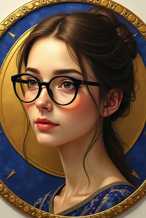 Gold coin.
in the center: Face of a young woman with glasses ,  with hair tied up .
 Name Mariangel
Lapis lazuli details on the edges