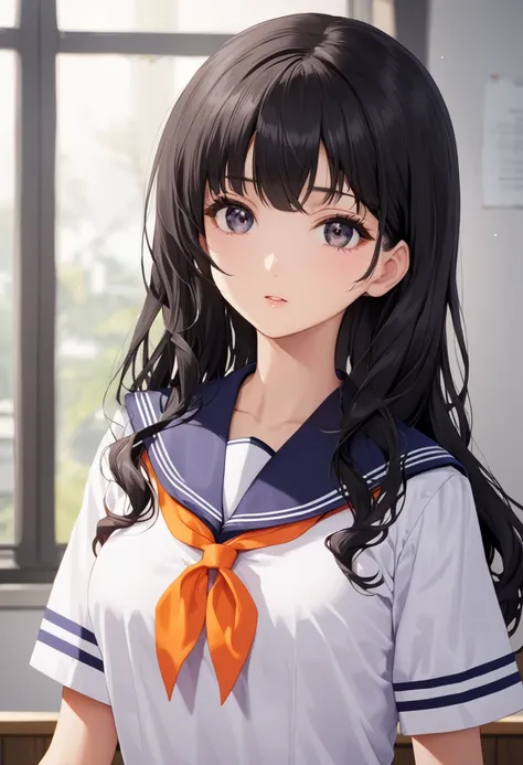 beautiful woman in class, sailor uniform, medium chest, hime cut, wavy black hair