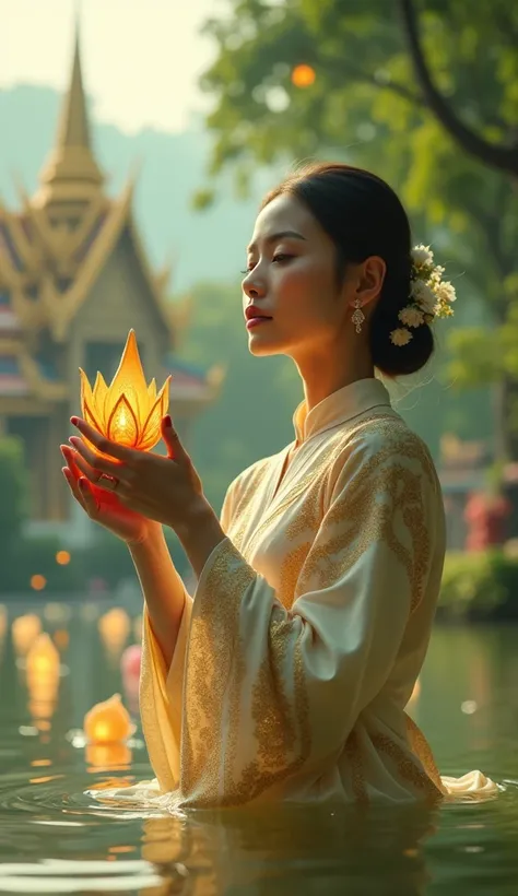 “A stunning medium close-up of a beautiful Thai woman gently releasing a krathong into the water during the classic Loy Krathong festival in the early evening. She is dressed in an elegant, traditional Thai silk gown with intricate golden patterns, radiati...