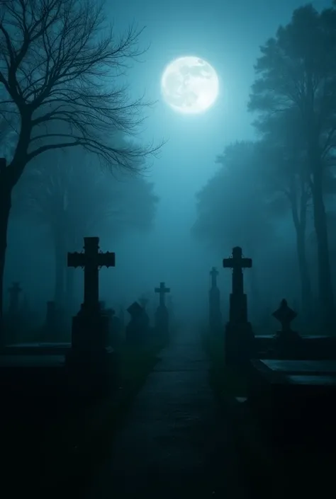  uma vista de um cemetery com a lua cheia ao fundo, a picture by Jason Felix , unsplash contest winner, Gothic art, dark cemetery scene, foggy dark cemetery, cemetery landscape at night, creepy and scary atmosphere, haunted and scary,  beautiful with creep...