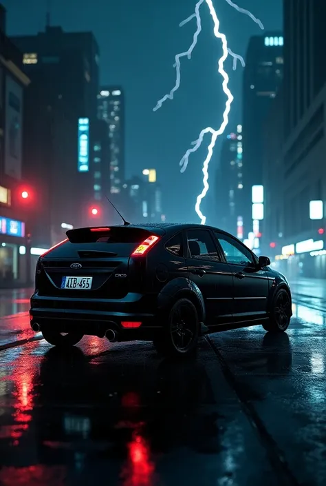 Ford focus mk2 2008 black hatchback,the car have four doors,plate: AIEB-455, rain at nigth for phone background, with real ford wheels, thunder, city lights, darkened windows, front, cyberpunk vibe