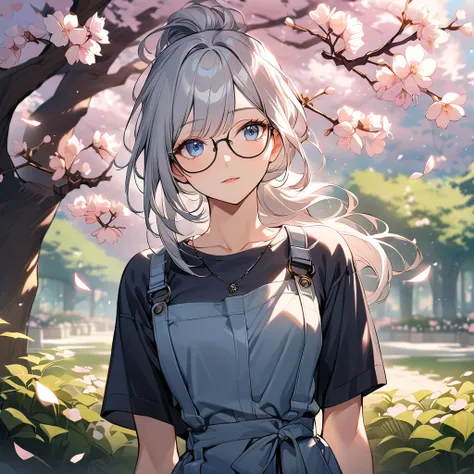 A beautiful scientist with long, silver hair tied back in a loose ponytail, standing in a serene spring garden. She has radiant blue eyes that shine with intelligence, and wears stylish eyeglasses that add a touch of sophistication to her look. Dressed cas...