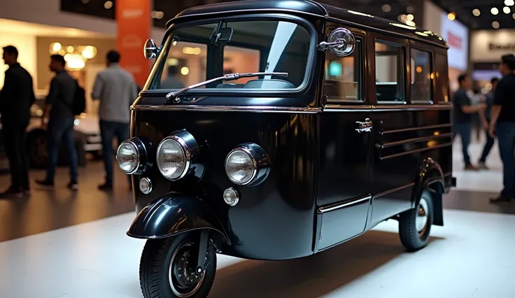 Create A Sleek And Full HD 1970 oldyearmodel Bajaj Qute auto rickshaw  In Auto Show Front Grill View Shiny Black Color