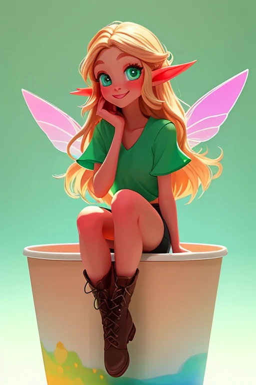 (masterpiece, best quality:1.2), (beautiful eyes, details eyes, Clean and delicate face), 1 elven girl, solo, full body, A small-sized elf with transparent wings that shine with the rainbow color is sitting on the Paper cup with lid, looking up at the view...