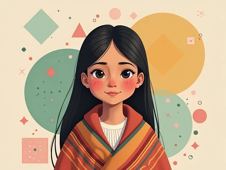 Peruvian Andean girl with simple geometric images and pastel colors in the background. Horizontal view 