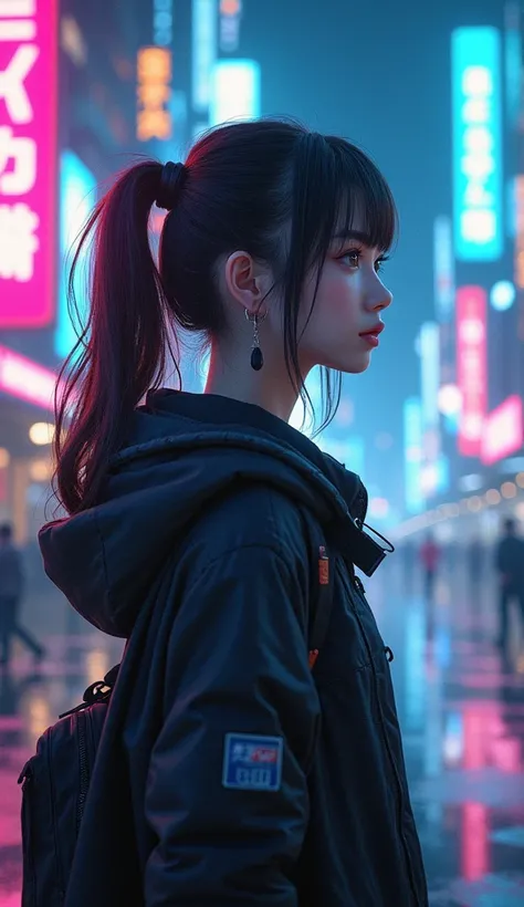 Beautiful woman standing by the wayside ,  cyberpunk art by Yang J .,  Artstation  ,  realism, Work in the style of guweiz , Anime Style, 8k, Gwaiz, realistic 3D Anime Style, trending on cgstation,  dreamy cyberpunk girl portrait,  surreal cyberpunk style ...