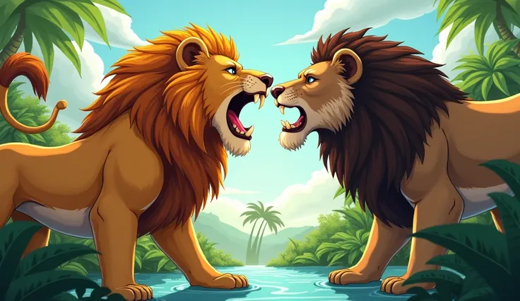  A cartoon big Majestic lion with a tawny coat, piercing eyes, and a powerful build. His mane is thick and golden,( grab on opponents neck by his big jaws ) to A cartoon ruthless and cunning old lion with dark brown with some white hair in the oasis


