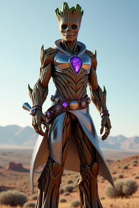 Groot is a cowboy from Guardians of the galaxy with a purple stone in his hand, dressed in mirrored fabric, full-length