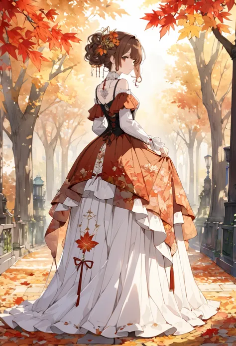 (((nsfw)))、 (((watercolor))), (((gothic))),      a woman standing on a tree-lined street with young autumn leaves  、 A fascinating scene  ,    Adorned with hair ornaments  、   The pose is medium length  ,    Wavy brown hair ..。.。Super mini skirt with frill...