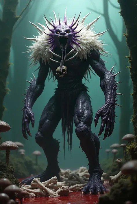 Monster Hunter like pubes of white color fluffy and purple haired and body spiked sharp thorns sharp shiny skin disgusting wearing necklace set of skull head big eyes glaring mouth open mouth long tongue protruding ears long ears scaly skin hands spiked na...