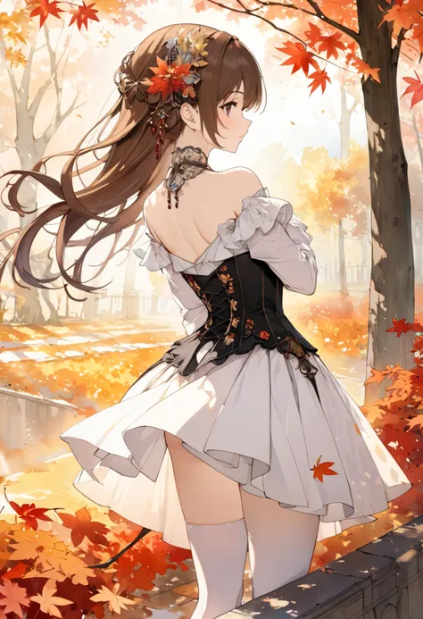 (((nsfw)))、 (((watercolor))), (((gothic))),      a woman standing on a tree-lined street with young autumn leaves  、 A fascinating scene  ,    Adorned with hair ornaments  、   The pose is medium length  ,    Wavy brown hair ..。.。Super mini skirt with frill...