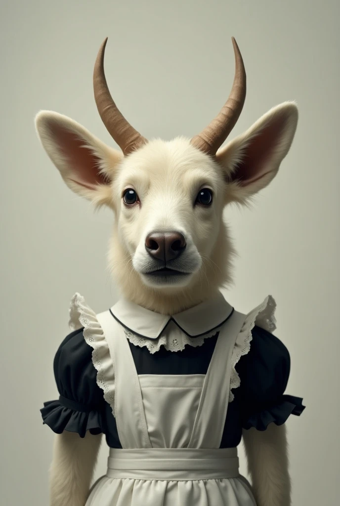 A white dog face that has donkey ears and bull horns and is also wearing a black girls maid outfit