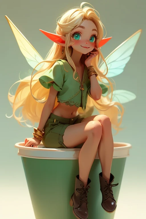 (masterpiece, best quality:1.2), (beautiful eyes, details eyes, Clean and delicate face), 1 elven girl, solo, full body, A small-sized elf with transparent wings that shine with the rainbow color is sitting on the Paper cup with lid, looking up at the view...