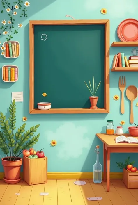 

 Creative elements j school lunch box showing a blackboard -Cooking utensils hanging on the wall,  forming an educational panel books stacked like bricks creating a wall of knowledge Vibrant colors :  - White apron and colorful plate :  harmonic contrast...