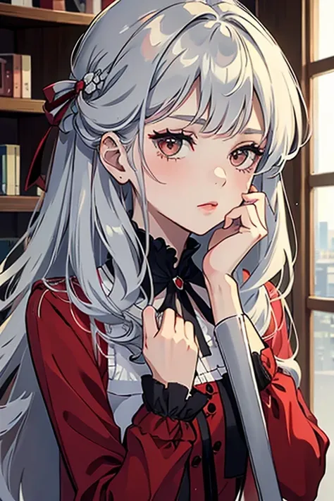 a girl wearing red dress , pouting , hand on cheek . grey hair with darker tips , long hair , 