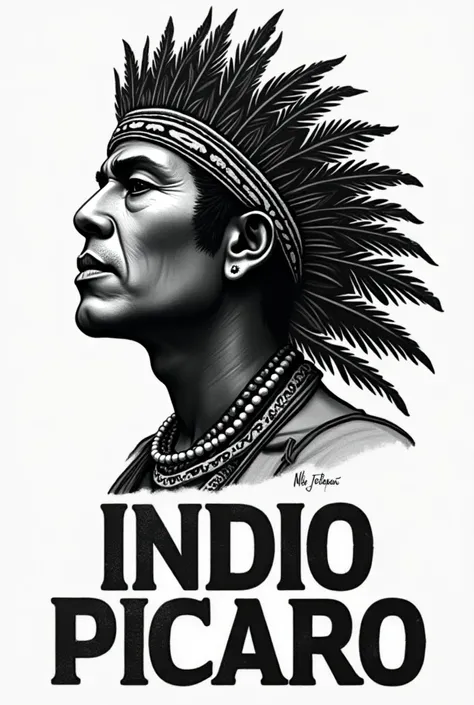 Pisco label with the name Indio Picaro in black and white colors with the image of a large Indian. Must not be an American Indian 