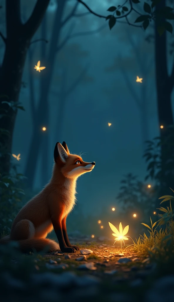 Before Mashup: "Show a fox and a firefly facing each other in a dark forest clearing at dusk. The fox is crouched low, curiously watching the firefly hovering nearby, with a few other fireflies adding soft glows around them, creating a magical, peaceful at...